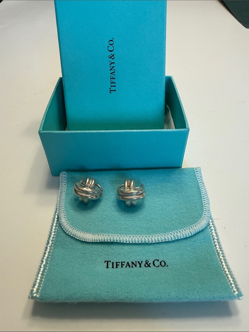 Tiffany & Co. Silver Love Knot Stud Earrings with Blue Pouch